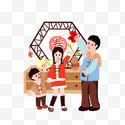 春节发红包小女孩小男孩手绘插画