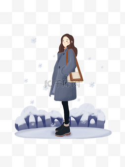 手绘冬季下雪女孩看雪人物场景素