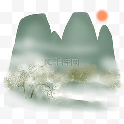 中国风国画梨花与山水