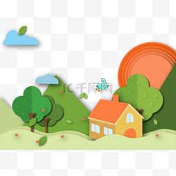 剪纸房屋图片_矢量大自然景色剪纸插画