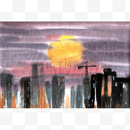 夕阳下的城市水墨画PNG免抠素材