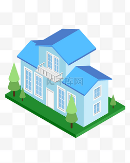 立体建筑卡通图片_矢量卡通2.5D蓝色建筑房子