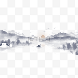 中插画图片_中国风手绘水墨风景山水徽派建筑