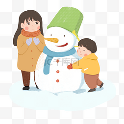 冬天的户外图片_冬天玩堆雪人的母子