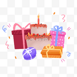 生日快乐插画图片_手绘可爱生日蛋糕和礼物