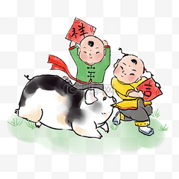 2019福猪年图片_2019猪年中国风水墨年画福娃戏猪
