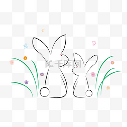 兔子线条图片_简约线条可爱草丛里的小兔子矢量
