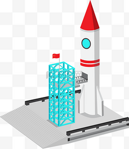 红色宇宙图片_2.5D扁平风火箭发射发射台