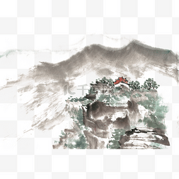 山顶上的寺庙水墨画PNG免抠素材