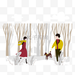 树林里图片_卡通插画风冬季树林里的男女