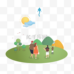 亲子卡通图片_2.5d卡通插画风放风筝的一家人