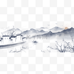 中国风手绘插画图片_中国风手绘水墨风景山水徽派建筑