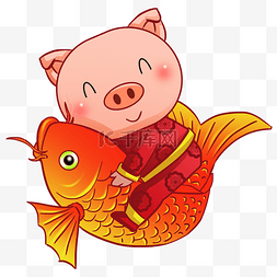 小猪鲤鱼图片_新年骑鲤鱼的小猪插画