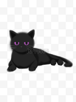 手绘可爱黑色小猫咪趴着小清新可