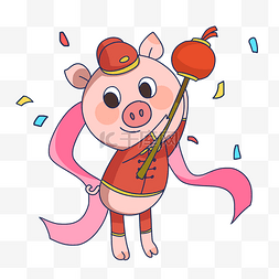 喜庆手绘卡通小猪图片_手绘新年卡通小猪玩花灯插画