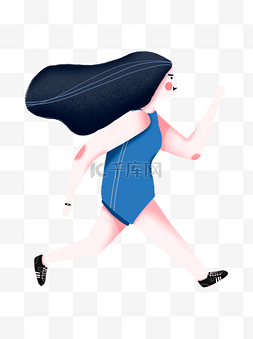 扁平卡通长发飘荡的女人跑步元素