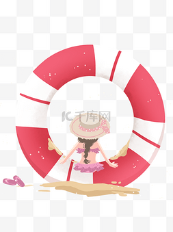 卡通坐在游泳圈上的小女孩