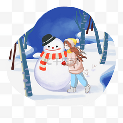 蓝色梦幻主题图片_冬季主题女孩和雪人