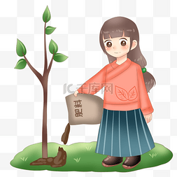 咖色叶子图片_植树节施肥的小女孩