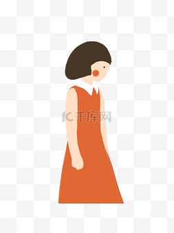 握拳低头思考的橙色裙子短发女孩