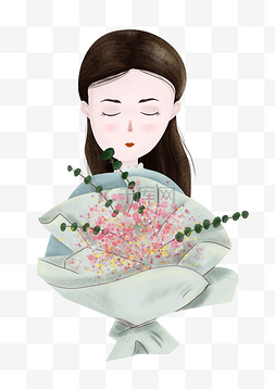 高清绿色植物图片_女生节手绘长发捧花女孩人物高清