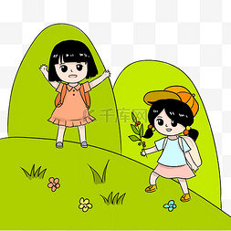 不要踩踏图片_小女孩登山踩菊花插画