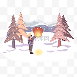 圣诞手绘场景图片_冬季雪景森林放孔明灯手绘插画
