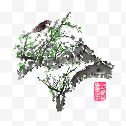 鸟中国画图片_绿梅盆景雀鸟喜鹊反话傲雪开春腊
