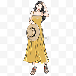 三八妇女节拿着草帽的黄裙子美女