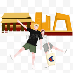 假期旅游情侣卡通人物插画