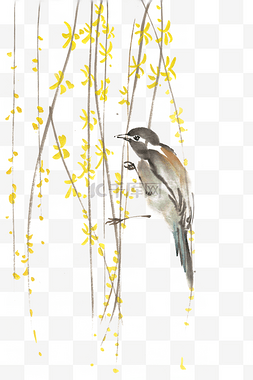 手绘枝图片_柳枝上的鸟水墨画PNG免抠素材