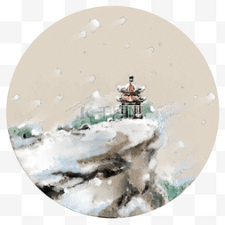 装饰画水墨画图片_中国风水墨画飞雪山崖亭子