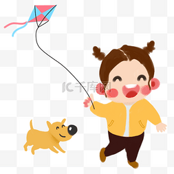 春天放风筝的Q版小女孩和宠物