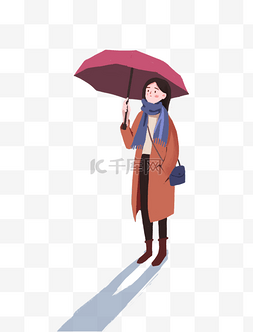 冬日打伞的女孩小清新插画