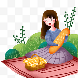 卡通面包篮子图片_春游卡通女孩抱面包