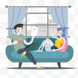 七夕情人节情侣坐在沙发上PNG插画