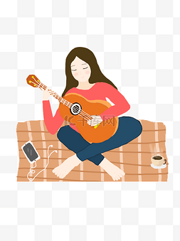 手绘弹吉他的女生可商用元素
