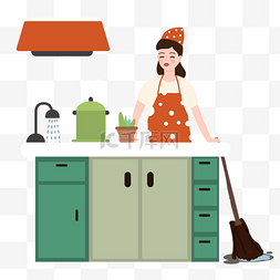 打扫卫生女人图片_卡通风新年打扫厨房的女人