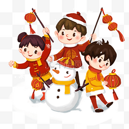 女孩灯笼新年图片_2019年手绘中国风小朋友堆雪人过