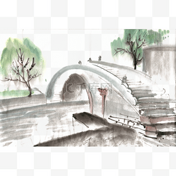 手绘建筑图片_江南的桥水墨画PNG免抠素材