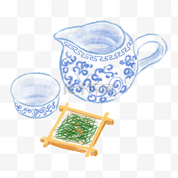 茶叶插画图片_水墨青花瓷茶具插画