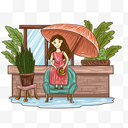 手绘雨水小女孩雨伞沙发插画
