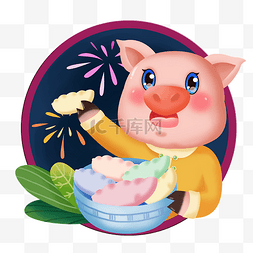 猪年吃饺子图片_2019春节喜庆金色卡通猪猪吃饺子