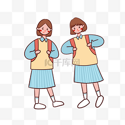 短发女生图片_矢量卡通开学季可爱穿蓝色校服背