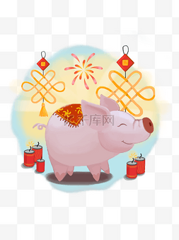 卡通猪中国结图片_可爱手绘插画卡通春节清新生肖猪