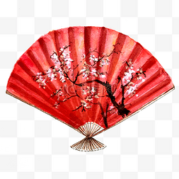 中国红水墨扇子梅花装饰PNG