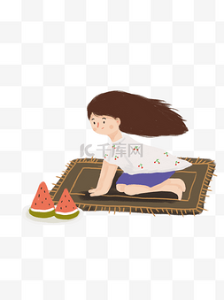 夏季坐在地毯上吹风扇吃西瓜的女