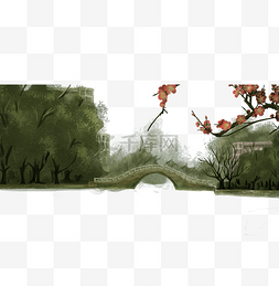 湖边公园图片_校园景色绿灰漫画手绘绘本拱桥PNG