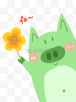 可爱手绘小猪图片_小猪猪绿色手绘萌萌哒拿着小花花
