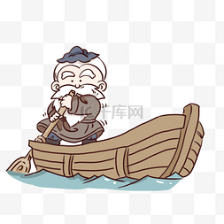 手绘卡通老渔翁划船